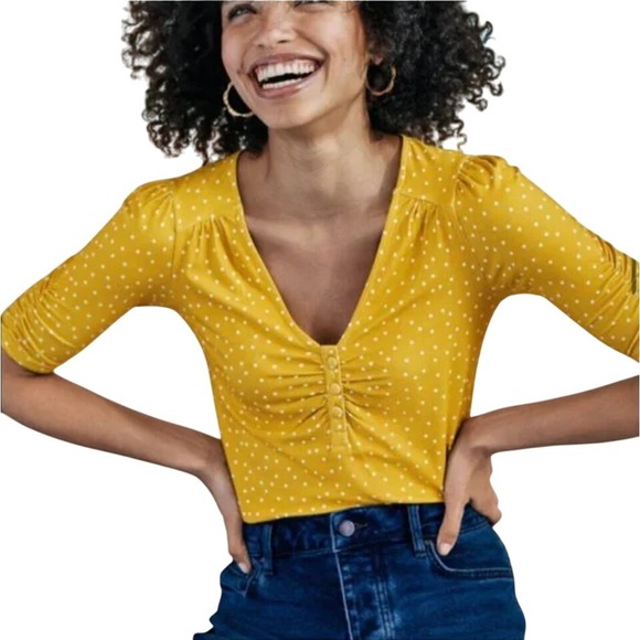 Boden Jane Jersey Polka Dot Top Blouse Women's 8 Saffron Casual Boho Preppy - Picture 1 of 11